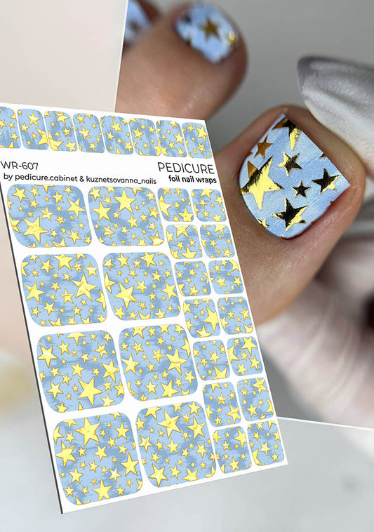 Pedicure Stars. Blue Background. Foil gold. Nail wrap WR-607