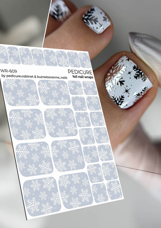 Pedicure Snowflakes. Blue Background. Foil silver. Nail wrap WR-609