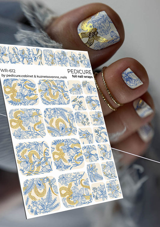 Pedicure Flowers and Snake. Foil gold. Nail wrap WR-612