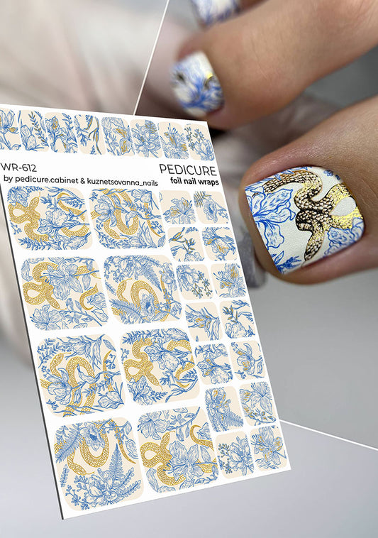 Pedicure Flowers and Snake. Foil gold. Nail wrap WR-612