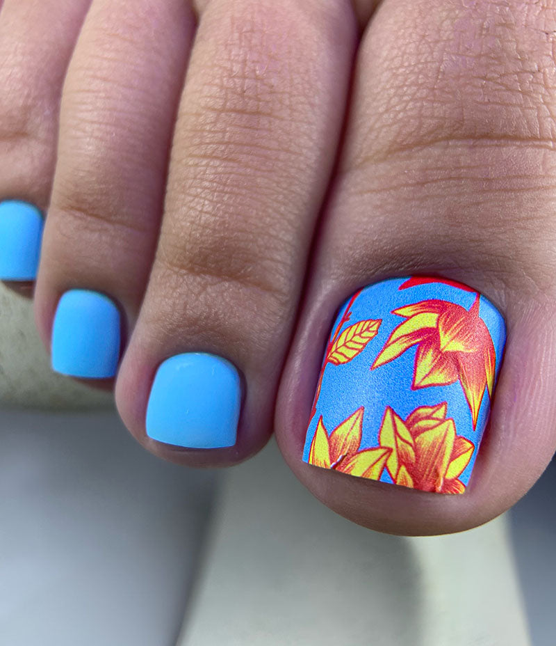 Pedicure Flowers. Gray and Blue Background. Nail wrap WR-637