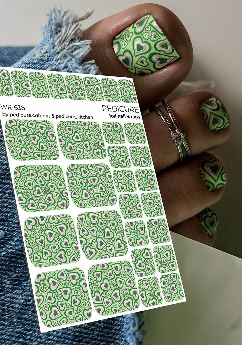 Pedicure Green Hearts. Color Foil (Pink). Nail wrap WR-638