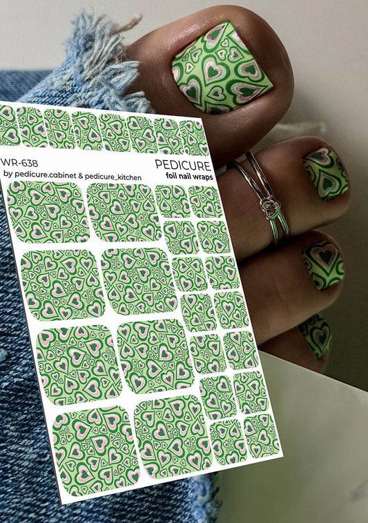 Pedicure Green Hearts. Color Foil (Pink). Nail wrap WR-638