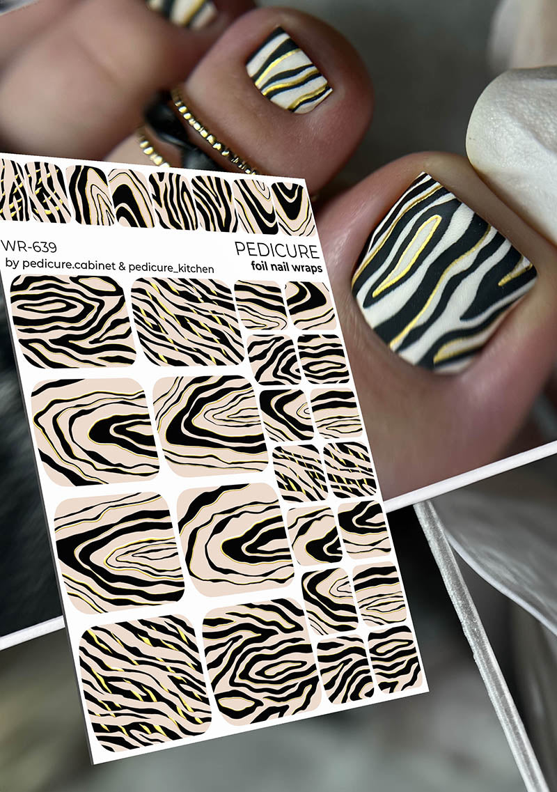 Pedicure Zebra. Foil gold. Nail wrap WR-639