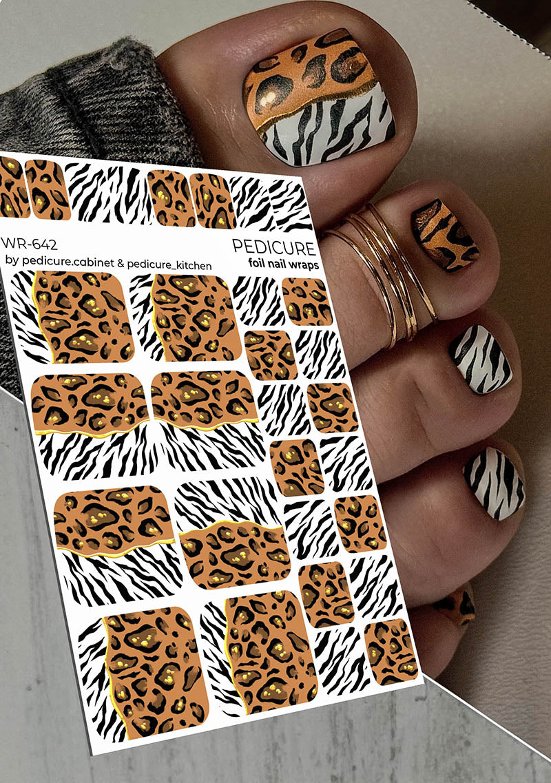 Pedicure Mix Zebra and Leo. Foil gold. Nail wrap WR-642