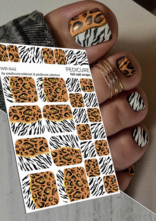 Pedicure Mix Zebra and Leo. Foil gold. Nail wrap WR-642