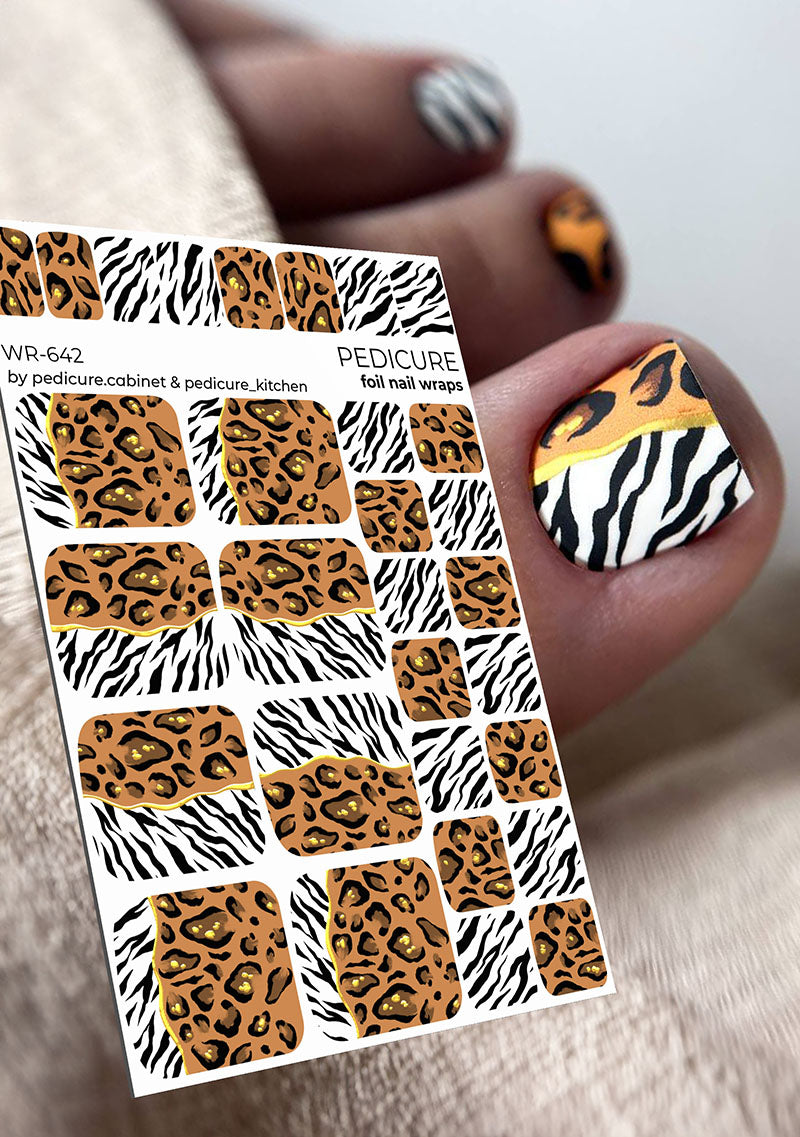 Pedicure Mix Zebra and Leo. Foil gold. Nail wrap WR-642