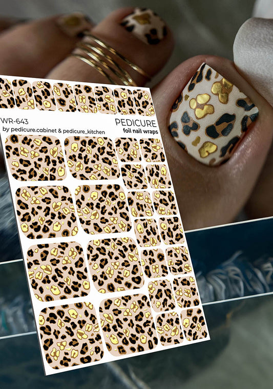 Pedicure Brown Leopard. Foil gold. Nail wrap WR-643