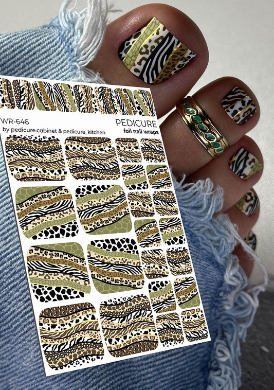 Pedicure Animal Stripes. Foil gold. Nail wrap WR-646