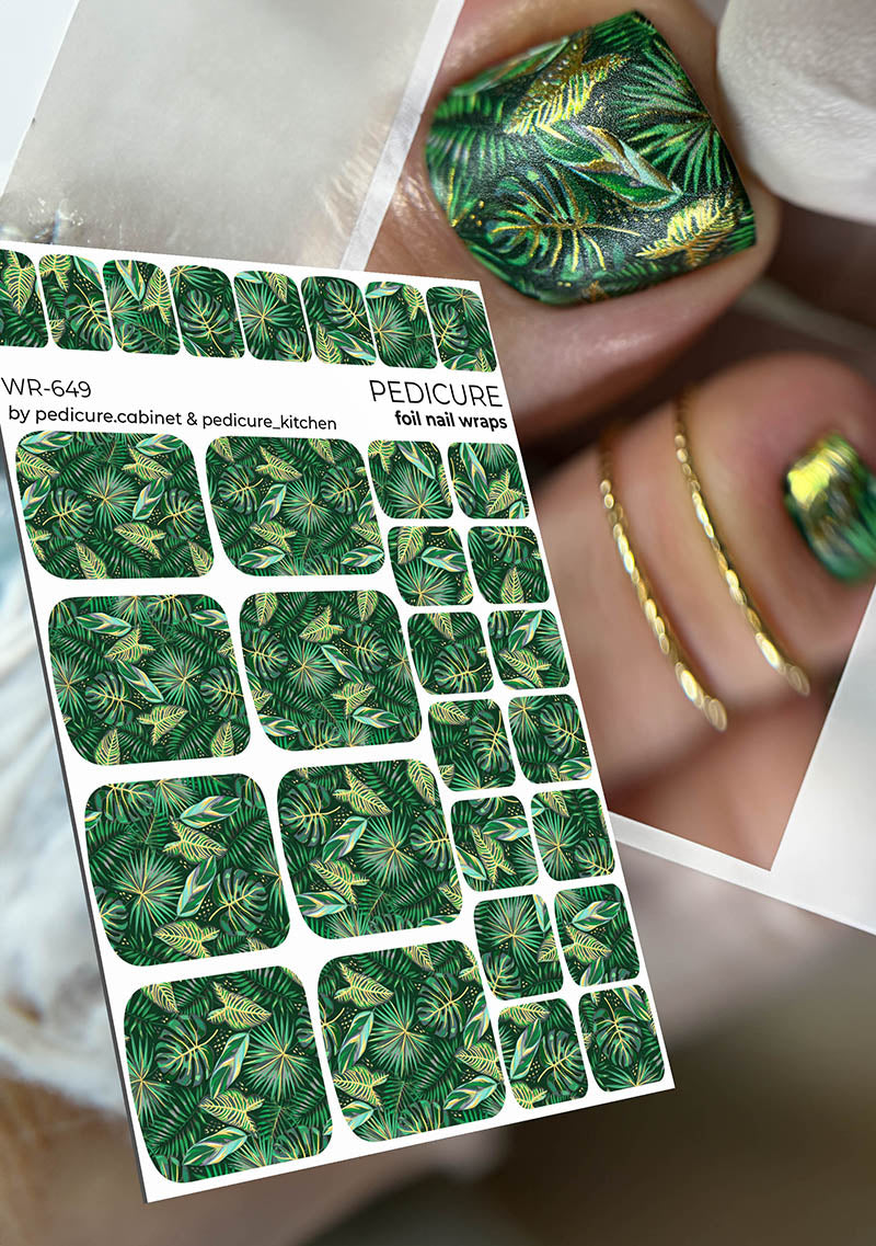 Pedicure Green Leaves. Foil gold. Nail wrap WR-649