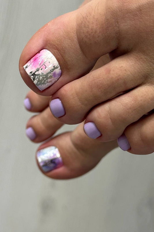 Pedicure Stains. Lilac and Blue Background. Silver Foil. Nail wraps WR-654
