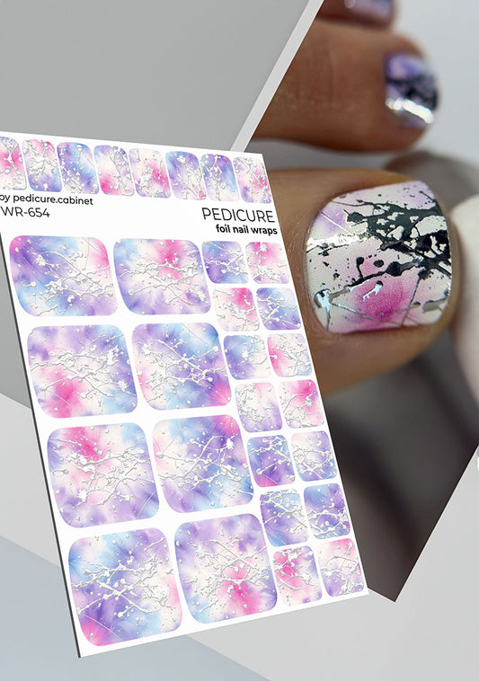 Pedicure Stains. Lilac and Blue Background. Silver Foil. Nail wraps WR-654