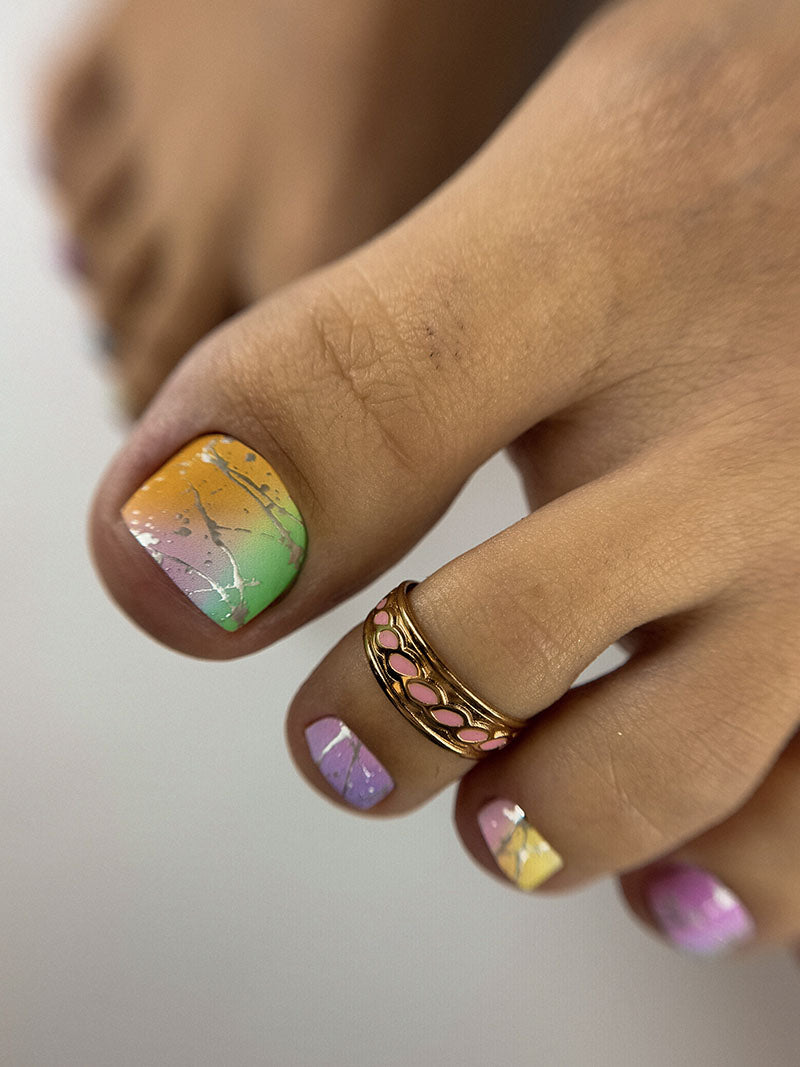 Pedicure Stains. Green, Yellow, Pink Background. Silver Foil. Nail wraps WR-655