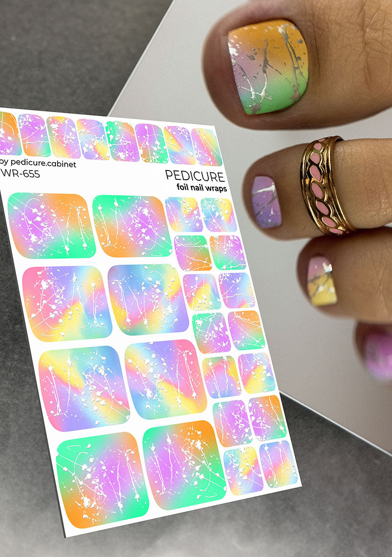 Pedicure Stains. Green, Yellow, Pink Background. Silver Foil. Nail wraps WR-655