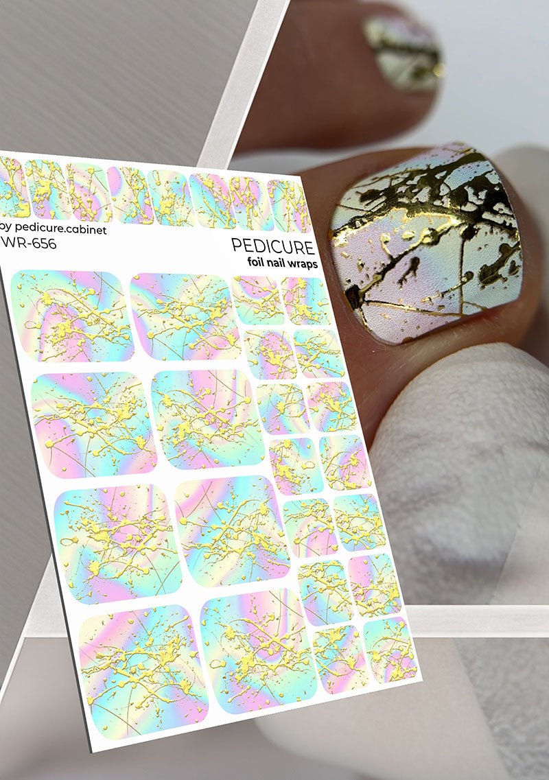 Pedicure Stains. Yellow, Blue, Pink Background. Gold Foil. Nail wraps WR-656