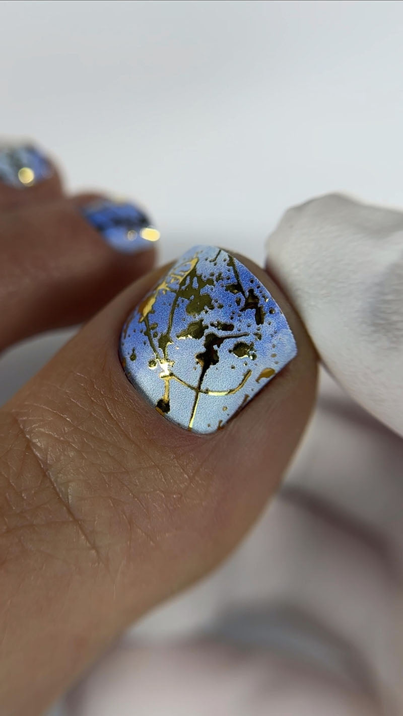 Pedicure Stains. Blue Background. Gold Foil. Nail wraps WR-657