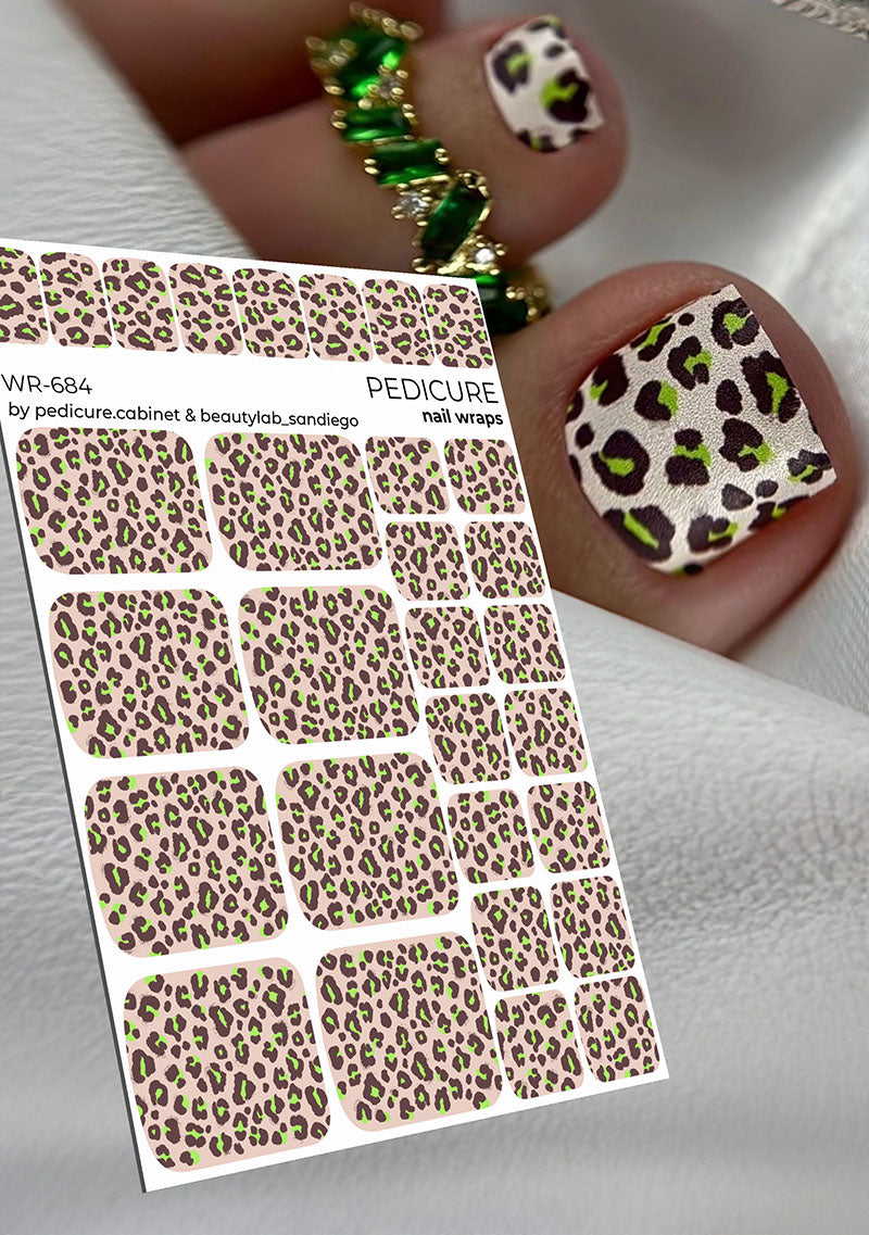 Pedicure Leo. Beige Background. Green Spots. Nail wrap WR-684