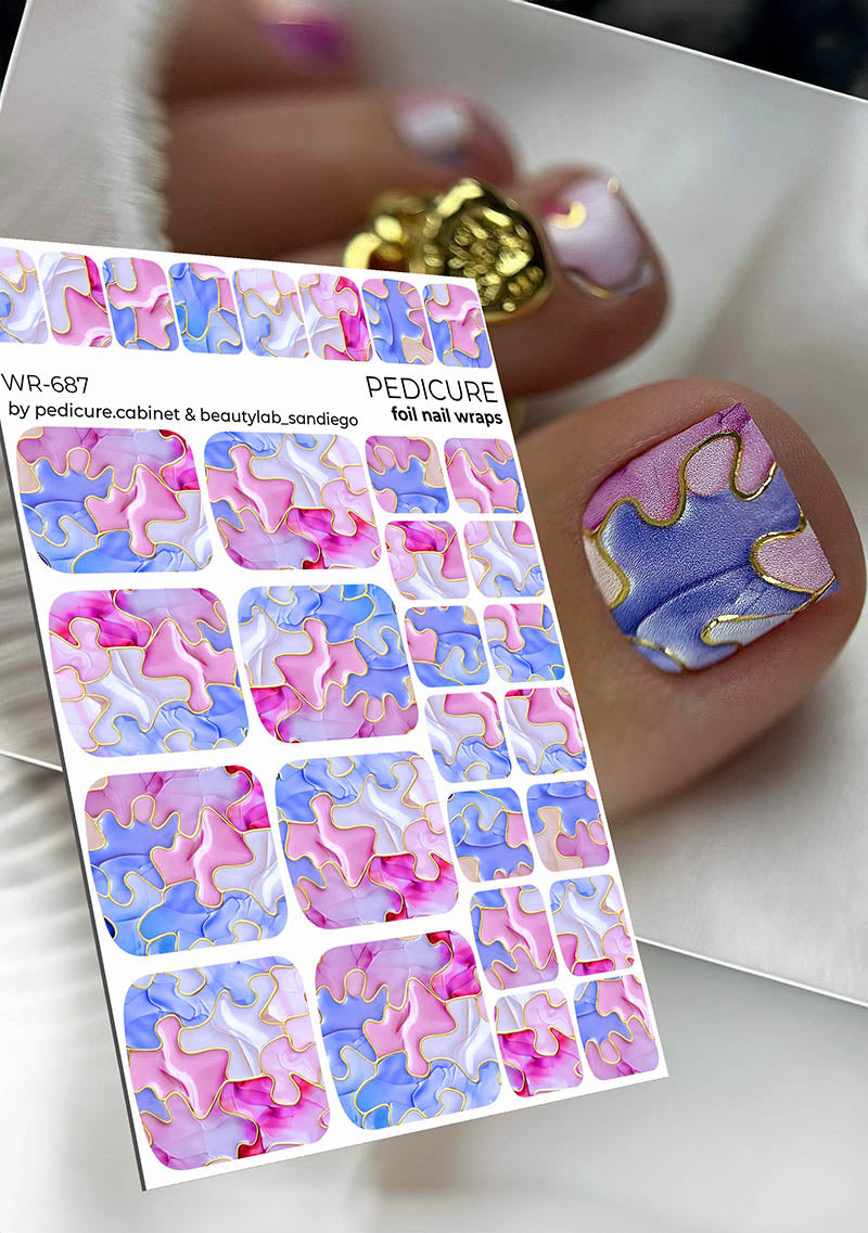 Pedicure Lilac and Pink. Foil gold. Nail wrap WR-687