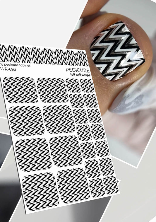 Pedicure Black and White Zigzag. Silver Foil. Nail wrap WR-693