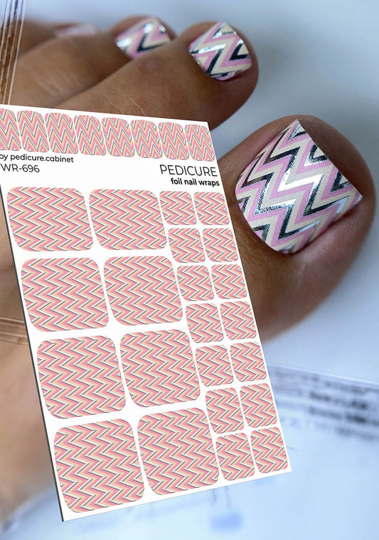 Pedicure Peach Zigzag. Silver Foil. Nail wrap WR-696