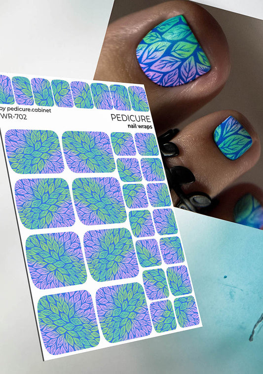 Pedicure Gradient Leaves. Blue Background. Nail wrap WR-702