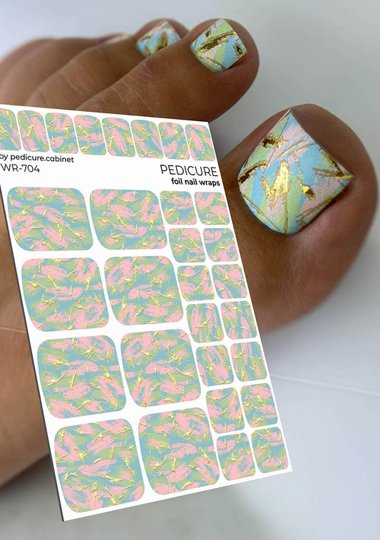 Pedicure Strokes: Pink, Blue, Green. Gold Foil. Nail wrap WR-704