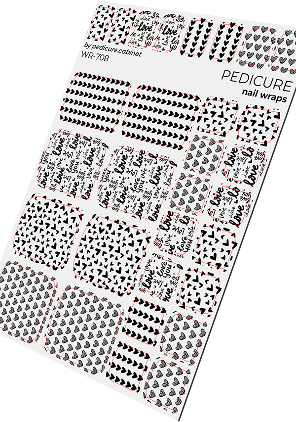 Pedicure Mix. Black and White Hearts. Nail wrap WR-708