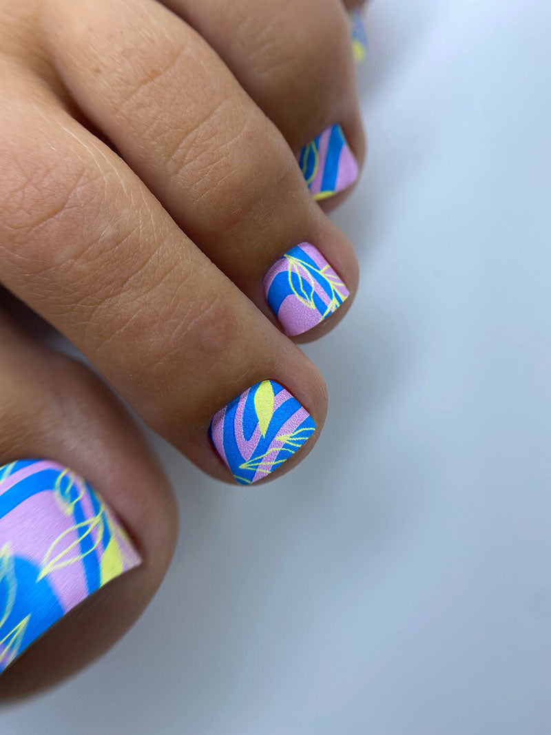 Pedicure Yellow Leaves. Blue Background with Waves. Nail wrap WR-710