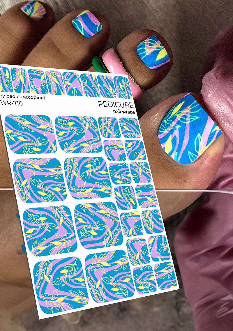 Pedicure Yellow Leaves. Blue Background with Waves. Nail wrap WR-710