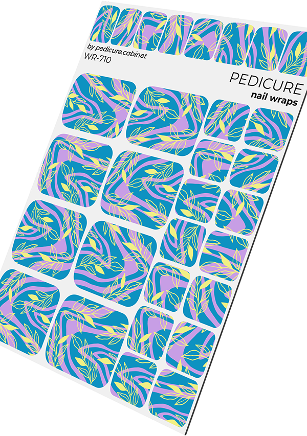 Pedicure Yellow Leaves. Blue Background with Waves. Nail wrap WR-710