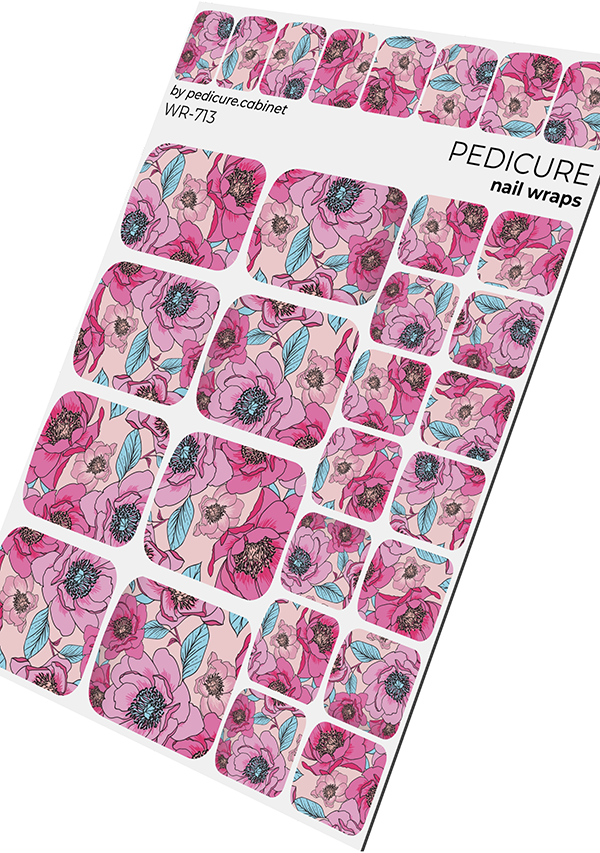 Pedicure Pink Peonies, Blue Leaves. Nail wrap WR-713