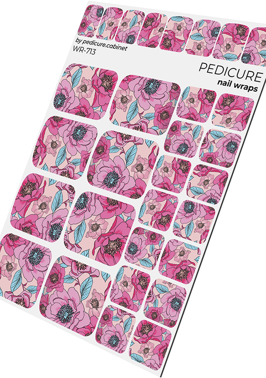 Pedicure Pink Peonies, Blue Leaves. Nail wrap WR-713