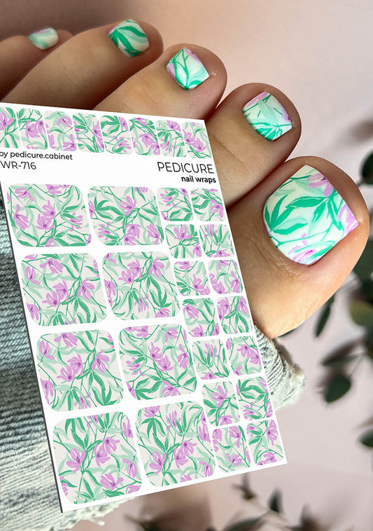 Pedicure Purple Flowers. Light Background. Nail wrap WR-716