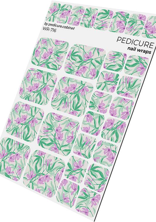 Pedicure Purple Flowers. Light Background. Nail wrap WR-716