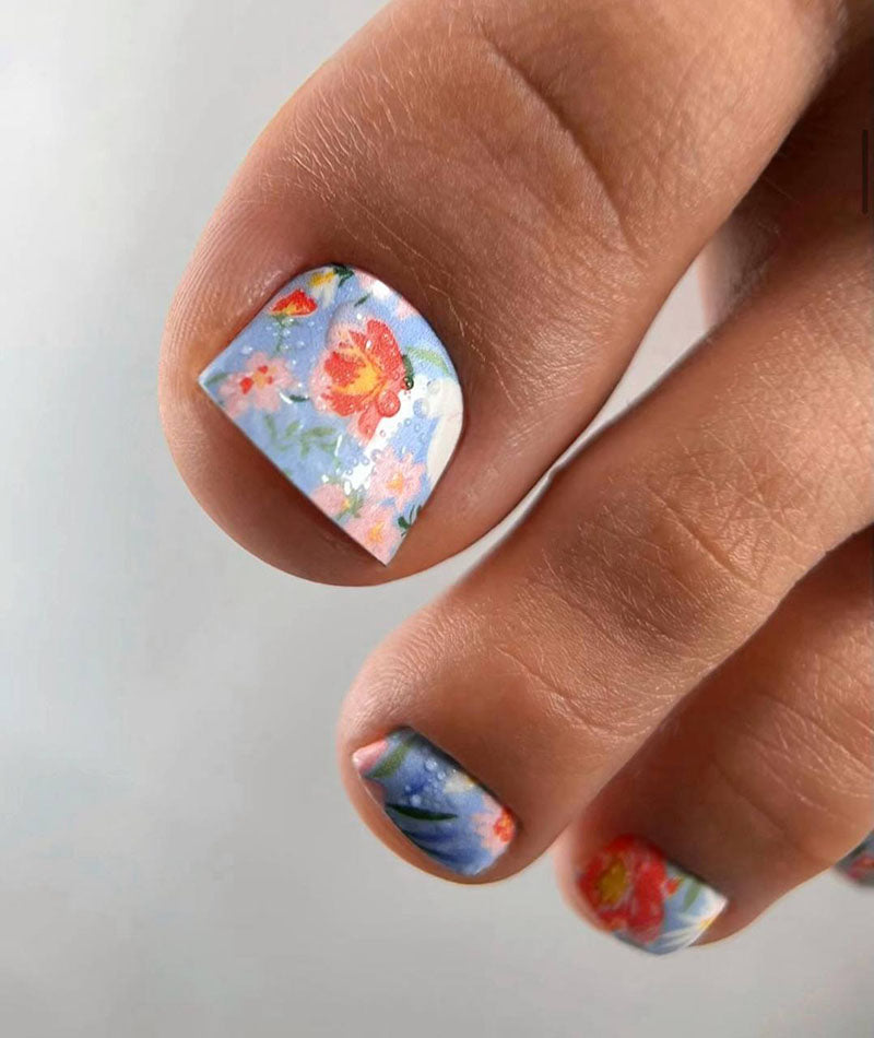 Pedicure Small Flowers. Blue Background. Nail wrap WR-717