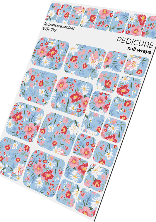 Pedicure Small Flowers. Blue Background. Nail wrap WR-717