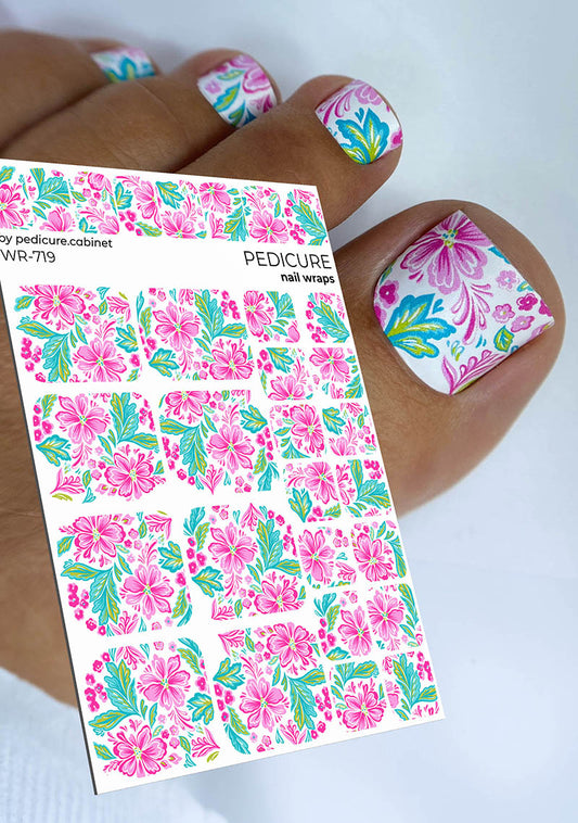 Pedicure Pink Flowers. White Background. Nail wrap WR-719