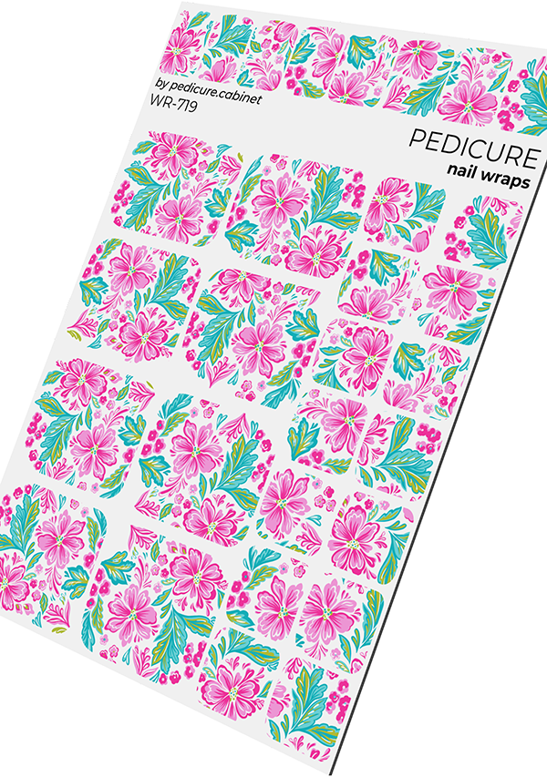 Pedicure Pink Flowers. White Background. Nail wrap WR-719