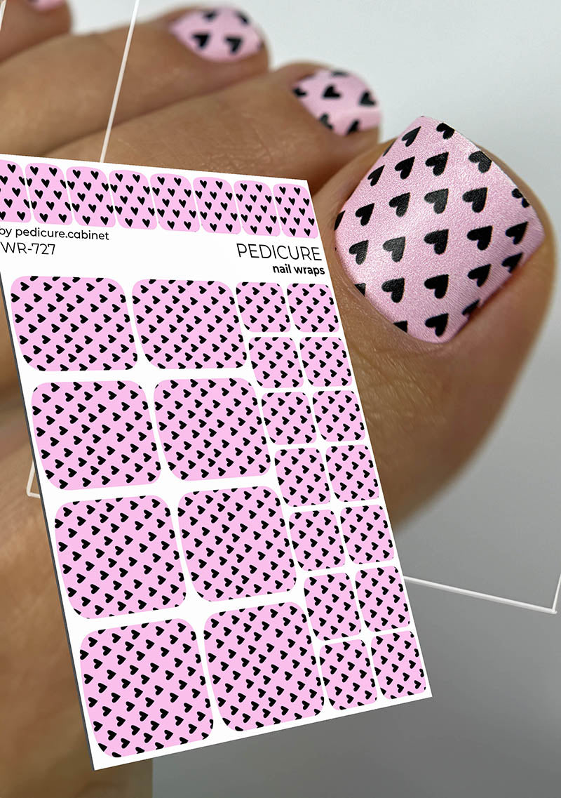 Pedicure Black Hearts. Pink Background. Nail wrap WR-727