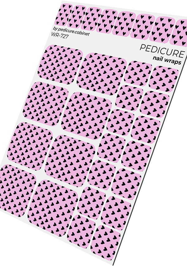 Pedicure Black Hearts. Pink Background. Nail wrap WR-727