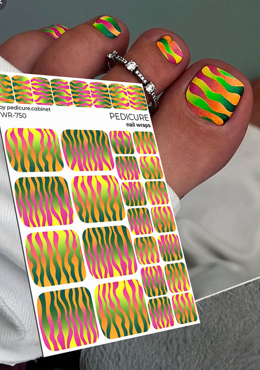 Pedicure Waves green, pink, yellow. Nail wrap WR-750