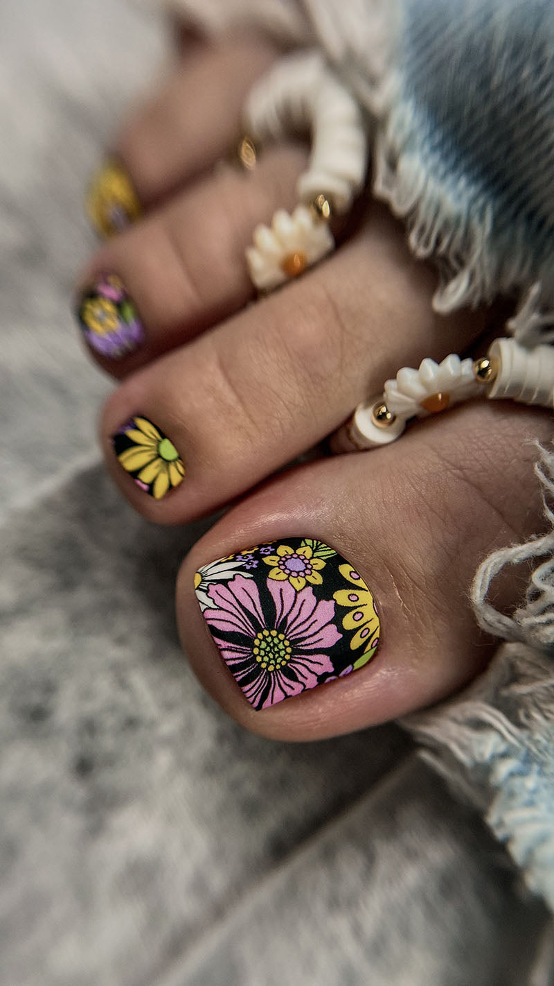 Pedicure Flowers on a black background. Nail wrap WR-756