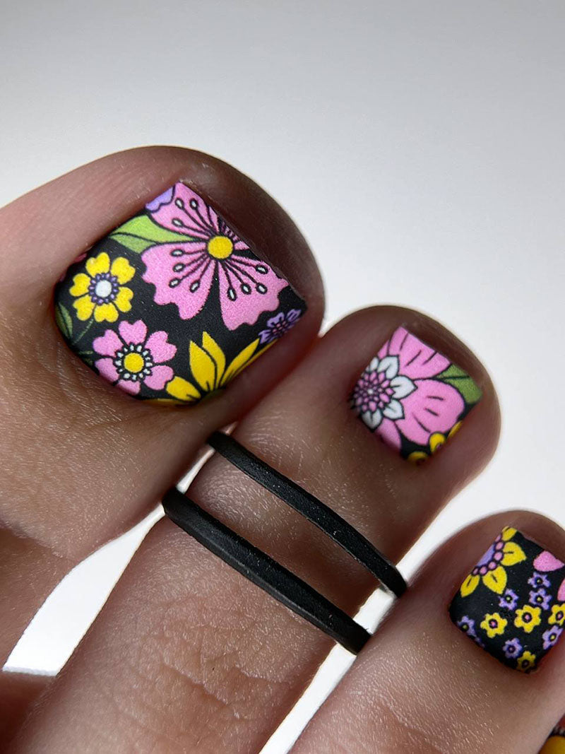 Pedicure Flowers blue and black background. Large. Nail wrap WB-757