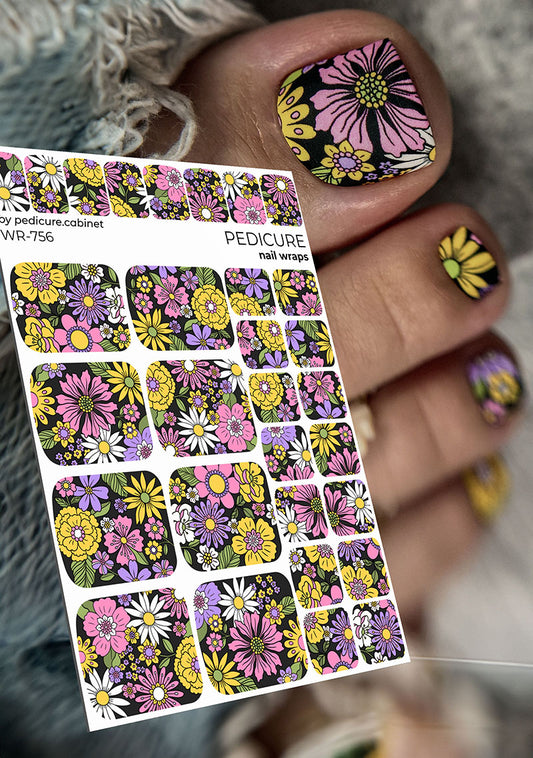 Pedicure Flowers on a black background. Nail wrap WR-756