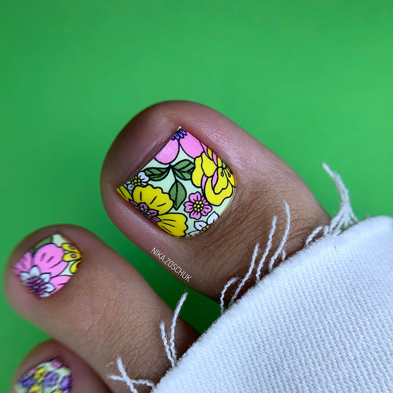 Pedicure Flowers on a light green background. Nail wrap WR-758