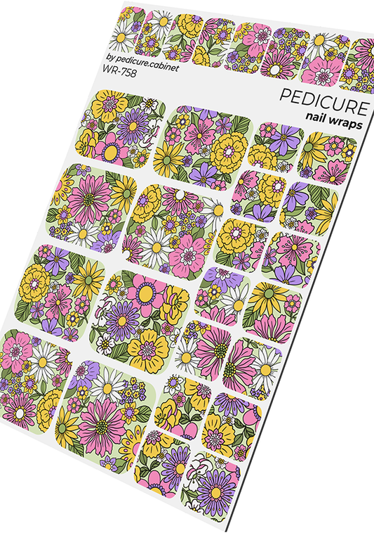 Pedicure Flowers on a light green background. Nail wrap WR-758