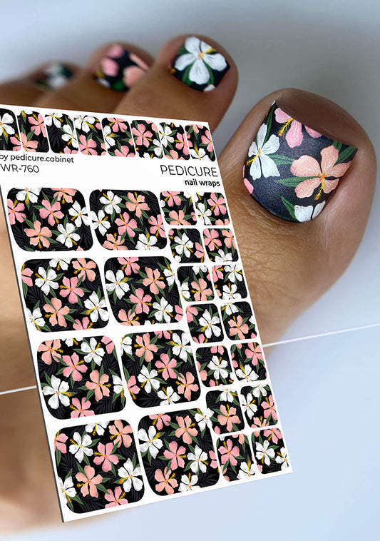 Pedicure Flowers Black Background. Nail wrap WR-760