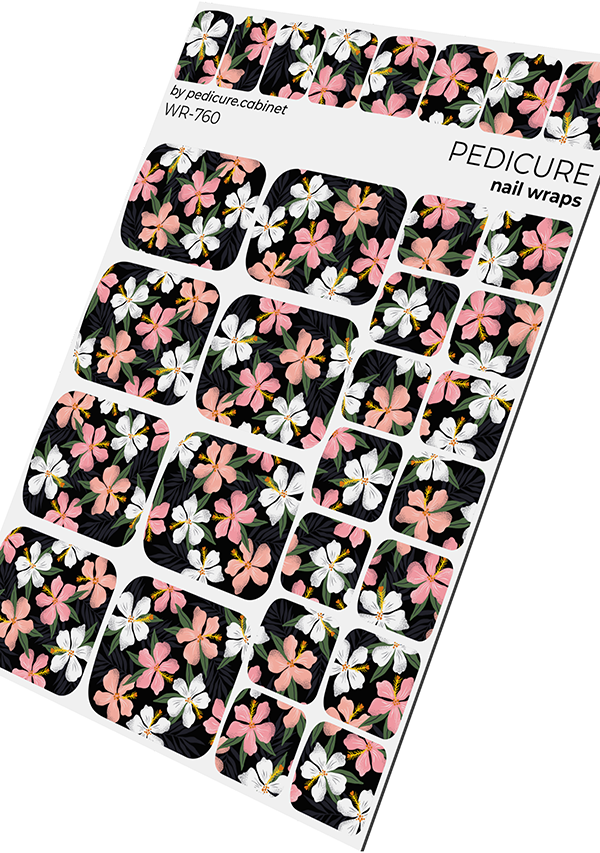 Pedicure Flowers Black Background. Nail wrap WR-760