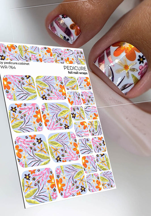 Pedicure Flowers and leaves. Colored foil. Nail wrap WR-764