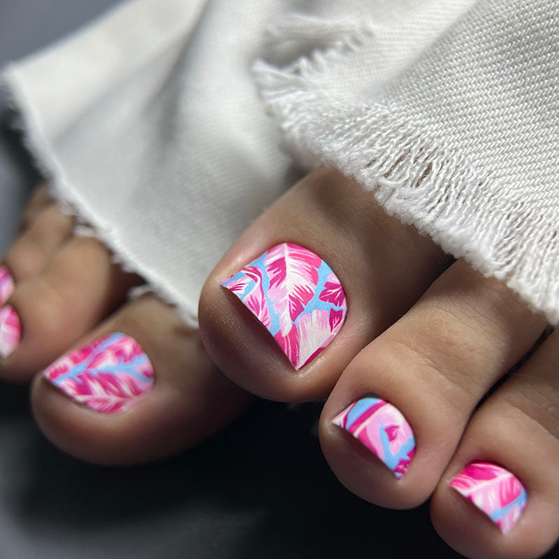 Pedicure Leaves pink background blue. Nail wrap WR-770